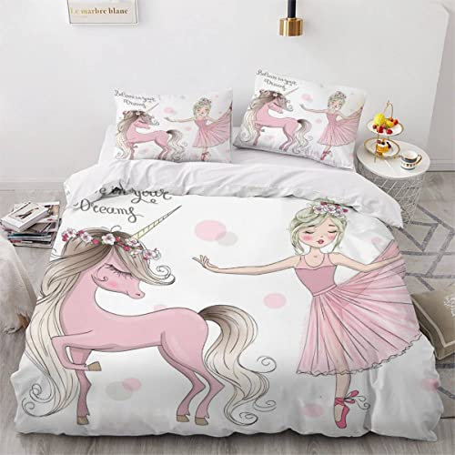 TAOLU Einhorn Kinderbettwäsche 135x200 Jungen Mädchen Bettbezug Weiche Mikrofaser Bettwäsche-Set 3Teilig mit 2 Kissenbezug 80x80 Handgezeichnete Ballerina Bettbezüge mit Versteckter Reißverschluss