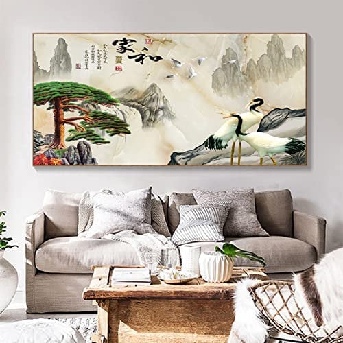 Tongda Decor Leinwand-Wandkunst für Wohnzimmer - Wanddekorationen für Schlafzimmer Chinesische traditionelle Landschaftsmalerei Mean Harmonious Family 60x120cm Innenrahmen