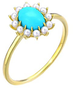 Homxi Ring Damen Verlobung,Ring Gelbgold 14 Karat Blume Türkis mit Perle Ringe Damen Gold Größe 49 (15.6)