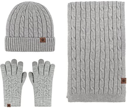 LumiSyne Winter 3 In 1 Mütze Schal Handschuh Sets Für Herren Damen Chunky Gestrickt Alpaka Wolle Textur Einfarbig Kabel Gestrickte Strickmütze Langer Schal Touchscreen Handschuhe Dicke Warme Futter