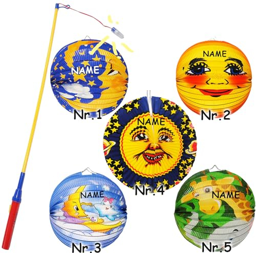 alles-meine.de GmbH 2 TLG. Set: Lampion/Laterne + LED Laternenstab - Mond & Sterne - kuscheln - incl. Name - aus Papier - RUND - für Kinder Laternen Lampions - Papierlatern..