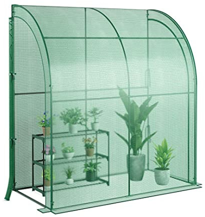 GiantexUK Mini Walk-in Greenhouse with Flower Rack, Portable Lean-to Green house with Weatherproof PE Cover & Roll-up Zipper Doors, Wind-proof Outdoor Garden Plants Grow House