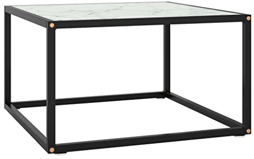 BADJAS Couchtisch Schwarz mit Weißem Glas in Marmor-Optik 60x60x35 cm Wohnzimmer Couchtisch Kaffeetisch Living Beistelltisch