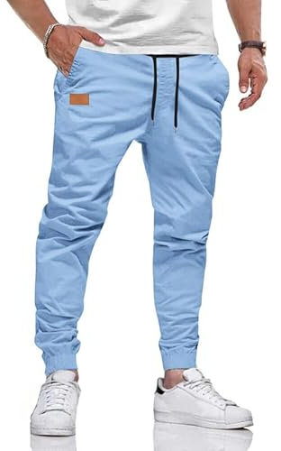 TARAINYA Pantalon Homme Coton Cargo Jogging à Cordon de Serrage Taille éLastiqué Décontractées Pantalon Casual C Bleu Ciel L