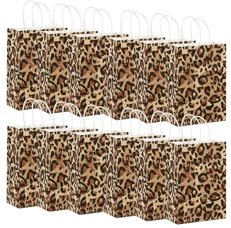12 Stück Papiertüten mit Henkel Geschenktüten Leopard 22 x 16 x 8 cm Papier Partytüten Klein Papiertragetaschen für Einkaufen Geburtstag Verpackungen Weihnachten Halloween Party
