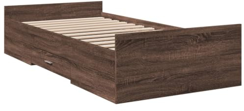 vidaXL Bettgestell, Bett mit Schubladen, Bettrahmen mit Sperrholzlatten, Einzelbett für Schlafzimmer, Schubladenbett, Braun Eichen-Optik 100x200cm Holzwerkstoff
