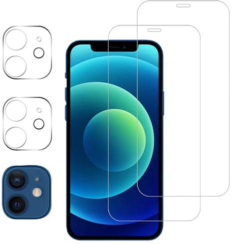 NOVAGO Compatible avec iPhone 12 Mini - Pack de 4 Films vitre Verre trempé Donc 2 pour écran et 2 pour l'objectif caméra arrière