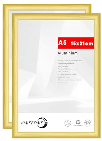 HIMEETIME® 2x Bilderrahmen DIN A5 14,8x21 cm Gold Metall Rahmen, Dokumentenrahmen 14,8x21 cm, Metallrahmen Alu-Bilderrahmen Poster Aluminium, Picture Frame A5 Fotorahmen