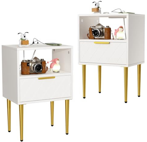 nwixbqoqn Lot de 2 Table de Chevet avec Station de Charge, Table de Nuit avec Tiroir de Rangement et Pieds en Métal, 2 Prises et 2 Ports USB, Table d'appoint pour Chambre, Salon, 30x40x57cm, Blanc