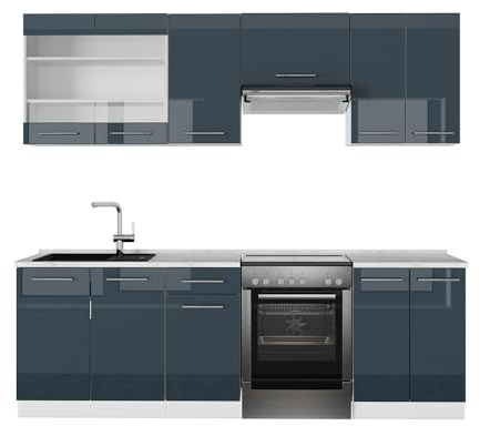 Vicco Küchenzeile Fame-Line, Dunkelblau Hochglanz/Weiß, 240 cm ohne Arbeitsplatte