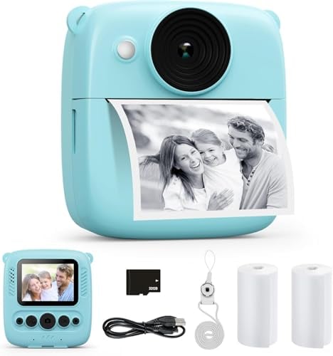Dhapy Fotocamera istantanea per bambini, 48 MP, fotocamera istantanea per bambini, con scheda da 32 GB, carta da stampa, 1080P, fotocamera digitale per bambini, regali per ragazzi – blu