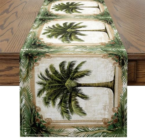 Palm Tree Table Runner,Boho Tribal Mandala Grid Retro Green Beige Kitchen Dining Table Decoration for Indoor Outdoor,Tropical Coconut Trees Leaves Table Dress Home Party Decor,72 x 13 Inch