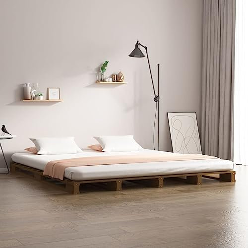 OHOOWOO Palettenbett Honigbraun 120x200 cm Massivholz Kiefer,Schlichtes Massivholzbett aus Kiefernholz mit PalettenDesign für erholsamen Schlaf in Doppelbetten (120x200 cm)