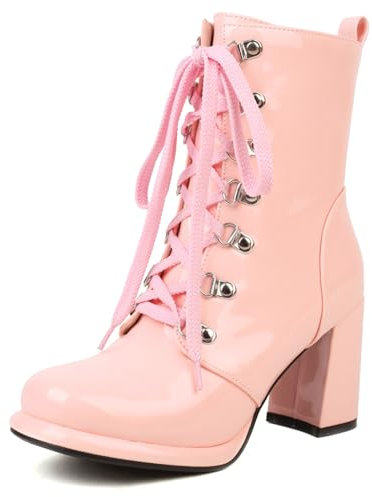 Klarmar Blockabsatz Damen Schnüren Lack Motorradstiefel Runde Zehen Plateau Chunky Stiefel Buro Zip Mode Motorcycle Pink Gr 44 EU/46 Asiatisch/28CM