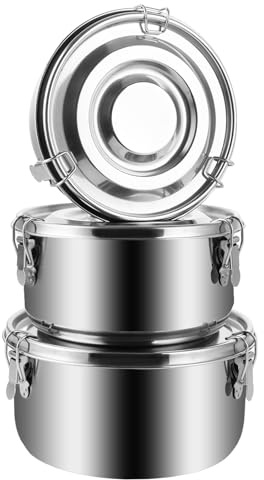 LDXDRU 3 Stück Edelstahl Behälter mit Deckel, Brotdose Edelstahl Vorratsdosen mit Deckel Luftdicht, Salatschüssel Frischhaltedosen mit Deckel für Camping Ausflüge, Mittagessen（780ml, 1200ml, 1800ml）