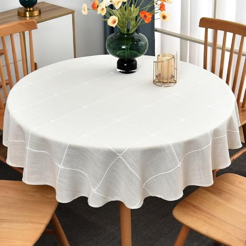 Plenmor Abwaschbar Tischdecke Rund 135cm Leinen Tischdecke Baumwolle | Leinenoptik Tischdecke Weiß für Küche, Garten, Party, Runde Tischdecken Outdoor Round Table Cloth