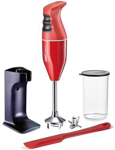 bamix Set frullatore a immersione EO180 CLASSIC PLUS incl. supporto, 1 bicchiere, 1 lama multiuso, spatola, 180 watt, Made in Switzerland, rosso/bianco