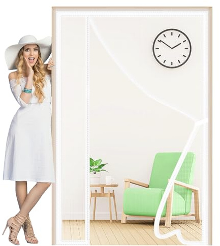 Magnetic Fly Screen Door Curtain 70x170cm Reversible Left Right Side Opening Durable Reinforced Mesh Curtain Magnetic Automatical Closure for Patio Doors Balcony Bedroom White