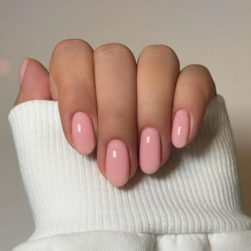 Light Pink Press on Nails Short Oval, SXVME Solid Color Acrylic Fake Nail Short Round, Nude Pink False Nail Press ons Handmade of Gel, Natural Full Cover Glue on Nails For Women Daily Wear 24Pcs
