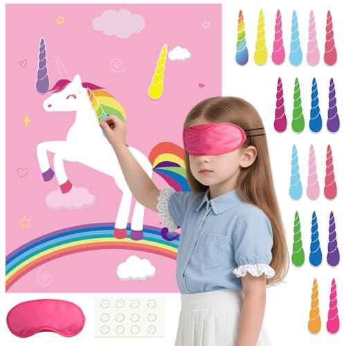 PLULON Stecken Sie das Horn auf das Einhorn für Kindergeburtstagsparty-Spiel, Einhorn-Partyzubehör, Gastgeschenke, Mädchen, Regenbogen-Geburtstagsdekorationen, Poster, Wanddekorationen