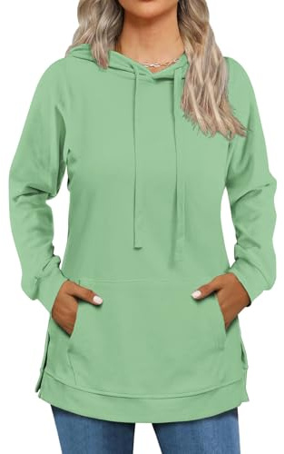 Cuptacc Langarmshirt Damen Mit Kapuze Longpullover Für Damen Seitenschlitze Lässig Hoodie Mit Taschen Hellgrün XL 46-48