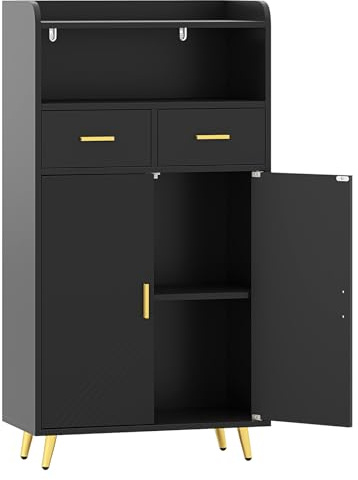 GOPLUS Armoire de Rangement avec 2 Tiroirs et Placard avec 2 Portes, 30 x 60 x 100 CM, Meuble de Rangement Cuisine Autonome avec Étagère Réglable, Plateau Grand, Idéal pour Salle à Manger, Salon