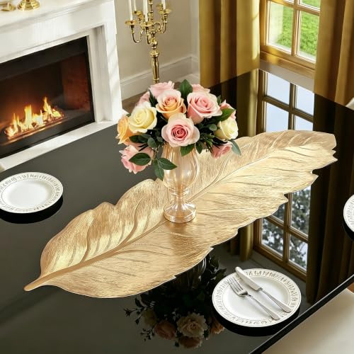 FAVE Goldfarben Kleiner Vinyl Tischläufer 90 cm | Waschbare Tischmatten, hitzebeständige Vinyl Tischdecke für Dinnerparty, Hochzeitsdekoration (Blätter)