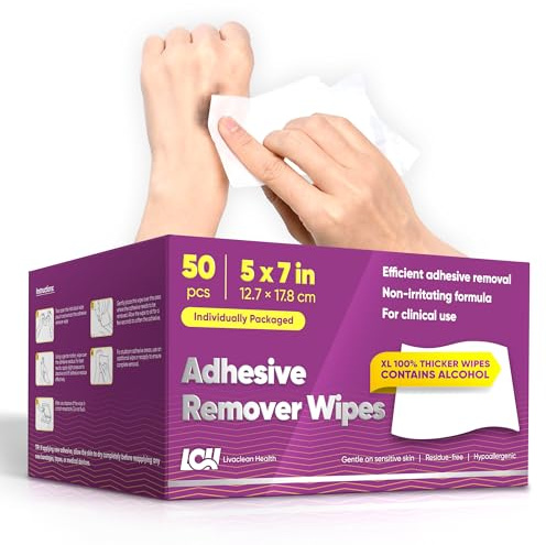 50 CT Large Adhesive Remover Wipes – 5x7in (12.7×17.8cm) - Strong & Effective Skin Medical Adhesive Remover for Bandage, Tape, Dressings, and Ostomy Residue – By Livaclean Health