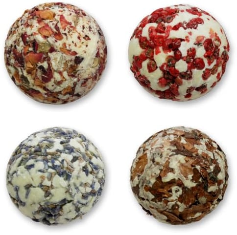 4er Set Geschenkset Badekugeln (104,95€/kg) Badebomben Badebutter-Kugel mit Schafmilch je 50g in einer Schachtel, aus Österreich - Duft Lavendel, Vanille, Rose und Cranberry