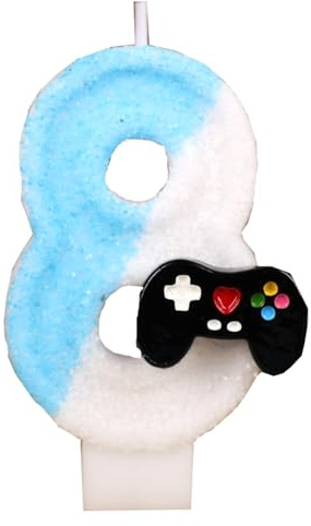 Ovanda Geburtstagskerzen Zahlen Nummer 8, Blue White Geburtstag Kerzen, Tortendeko Geburtstag, Geburtstagskerze mit Spielkontroller,Gaming Party Kerze für Jungen und Mädchen 8th Geburtstagdekorationen