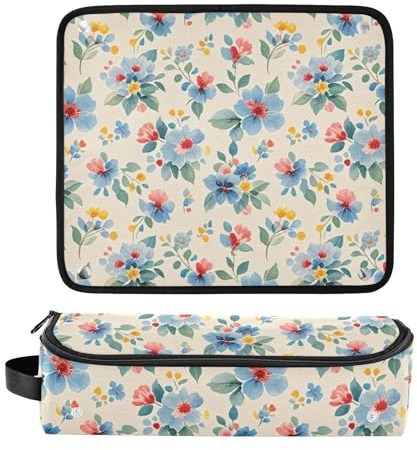 decor gift 2 in 1 Hair Tools Organizer with Iron Mat Carrying Case Flat Curling Iron Waterproof Organizer for Hot Tools Curling Flat Irons Hair Volumizer Styler Blue Flowers Travel Bag for Women