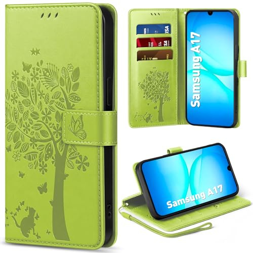 EASDNB Handyhülle für Samsung Galaxy A17 5G/4G Hülle, Flip Lederhülle Wallet Case mit [3 Kartenfächer] [Magnet] [Ständer] Premium Leder Prägung Schutzhülle Klapphülle für Galaxy A17 5G, Grasgrün