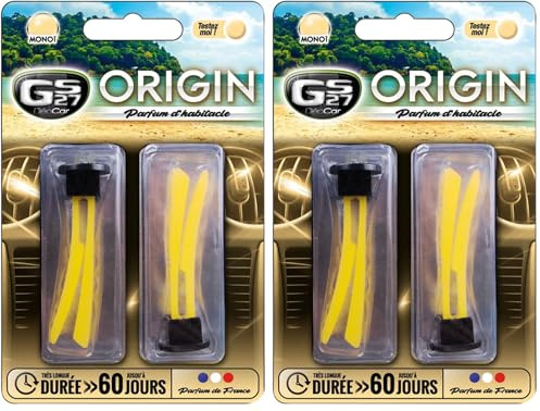GS27 - Désodorisant Voiture en Plastique Souple Déocar Origin - Parfum Voiture 100% Français - Monoï (Lot de 2)