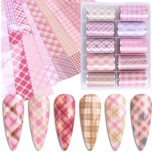Zosutetoxo 10 Stück Stickers, nagelverlängerung schablonen für gel x und polygel, 10 rollen nagel folie transfer mit karierter druck und geometrischen linien für manicure dekor