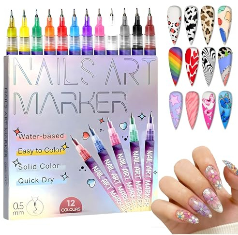 12 Colors Nail Art Pens, 3D Nails Polish Pens for Graffiti Dotting Drawing Painting Point Liner DIY, Quick-Drying DIY Acrylic Colour Nails Pen Polish (1 Set)