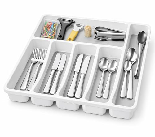 Innoteck Premium Soft-Touch 6 Compartment Cutlery Drawer Organiser Tray | Silicone Dot Lining | Non-Slip Feet | White & Grey | BPA-Free | Kitchen Cutlery Holder