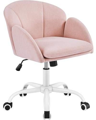 Yaheetech Chaise de Bureau en Forme de Pétales avec Coussin Rose Pâle | Coton-Lin Respirant Métal Chromé Bois FSC Hauteur 46-55.5cm Inclinaison 110° Charge 136kg Salon Chambre Bureau Coiffeuse