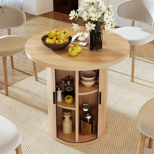 Hawthyhome Runder Esstisch 80cm mit Stauraum, Holz Esszimmertisch für 2-4 Personen, Moderner Küchentisch mit Schiebetür & Lamellen-Optik, Rundtisch für Wohnzimmer & Küche, [Holzfarb]