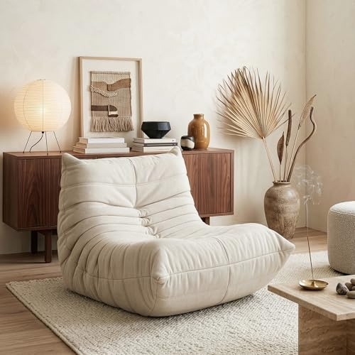 [en.casa] Bodensessel Kodsø Bodenstuhl mit Rückenlehne Lesesessel gepolstert Bodenkissen Sitzsack Sofa Chenille Bodensofa 75 x 90 x 100 cm Relaxsessel Beige