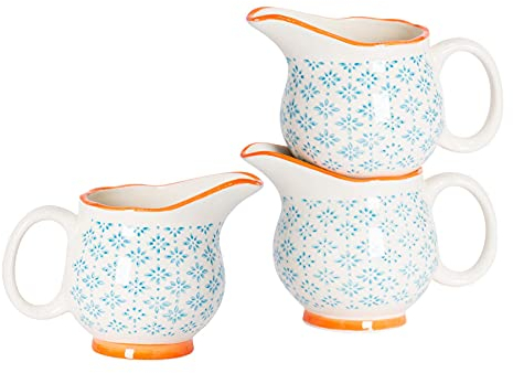 Nicola Spring Hand-Printed Milk Jugs - 300ml - Pack of 3 - Blue Decorative Porcelain Dishwasher Safe Floral Pattern Tableware Cappuccino Coffee Milk Pitcher Jugs with Handle