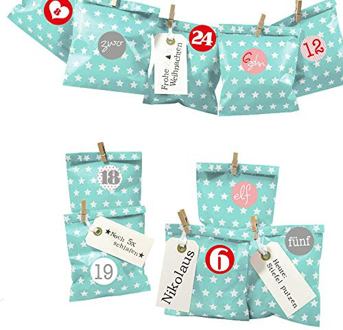 Frau WUNDERVoll® DIY Adventskalender zum Befüllen Bescherung, türkis mint Sterne Papiertüten 13x16,5cm, Ziffern rosa rot/Weihnachten Aufkleber Kalender Kinder Geschenkbeutel