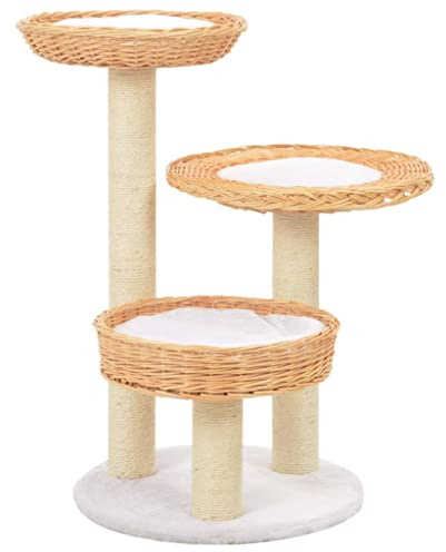 vidaXL Natural Willow Wood Cat Tree with Sisal Rope Scratching Post, 3 Cozy Baskets and Removable Cushions - Compact Yet Feature-Packed Furniture for Cats