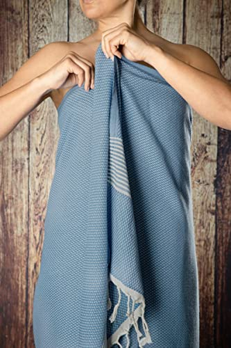 Happy Towels Hamamtuch | Badetuch | Saunatuch | Extra Lang & Weich Gewebt | 210 cm x 95 cm | 60% Tencel™ Lyocell und 40% Baumwolle | Fairtrade (Kapitänsblau und Weiß, 1)
