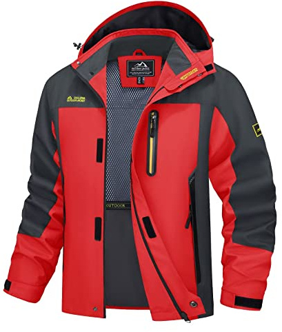 MAGCOMSEN Mens Lightweight Water Resistant Hooded Rain Jacket Spring Windproof Hiking Fishing Jackets Softshell Coat Red Grey, XL