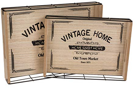 ootb Lot de 2 plateaux avec inscription « Vintage Home » en bois et métal, env. 34 x 24,8 cm et env. 28 x 20 cm
