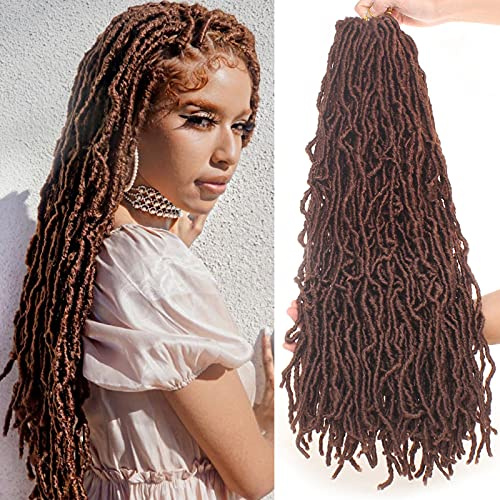 Leeven 24 Pouces Goddess Soft Locs Crochet 7 Packs Marron Pré-Bouclés Mèches Désordonnées 126 Brins Effilochés pour Femmes 18 Brins/Pack 30#
