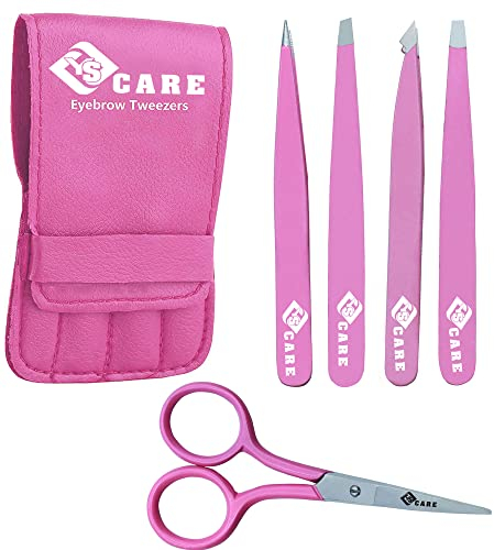 YSCARE Eyebrow Tweezers Set Stainless Steel Slanted and Pointed Tip Hairs Tweezer Set Eyebrows Plucking Eyelash Extension Beauty Ingrown Hair Remover Tool for Women and Men (Pink)