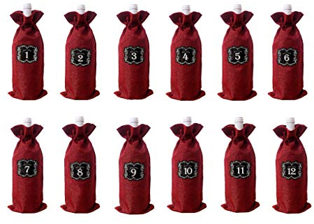 smile wood 12 PCS Burlap Wine Bags with Drawstring Wine Blind Tasting Bag Plus 12 Number Sticker For Blind Tasting And Travel, Wedding, Birthday, Housewarming and Dinner Party, Red