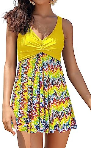 SHEKINI Femme Elégant Maillot de Bain Une Pièce avec Jupette Ruched Rembourré Fil Net Imprimé Contrôle Ventre Gainant Robe de Bain Grande Taille(XL,Jaune Citron)