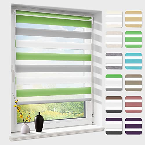 Doppelrollo klemmfix ohne Bohren, Duo Rollos für Fenster & Tür mit Bohren, Weiß Grau Grün B40 x H120cm (Stoffbreite 36cm), Fensterrollo lichtdurchlässig & verdunkelnd, Klemmrollo Sonnenschutz
